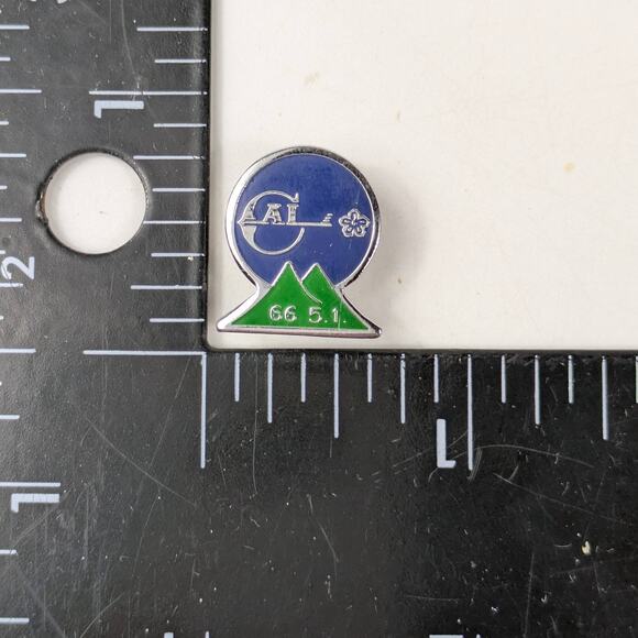 Vintage CAL 66 5.1 Enamel Lapel Pin Blue Green Mountain Silver Symbol Badge - Picture 1 of 2